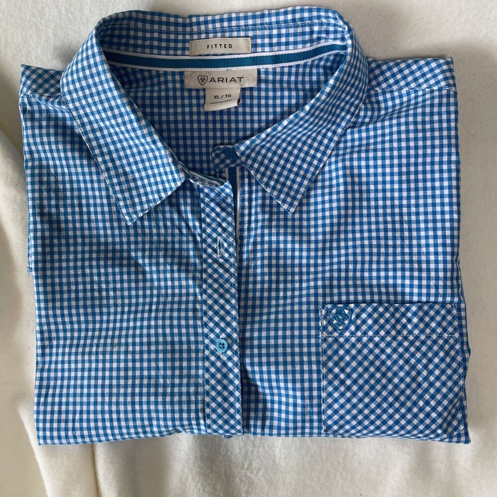 Ariat Women's Size XL Fitted Pink/Blue Plaid LS Western Shirt Embroidered Logos - Picture 8 of 8